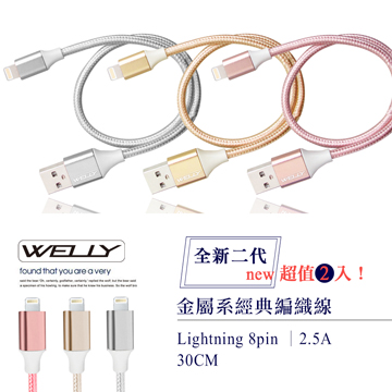 Welly Ipad Pro Air 2 Mini 4 Lightning 8pin 二代金屬系經典編織線傳輸充電線30cm 超值2入 Pchome 24h購物