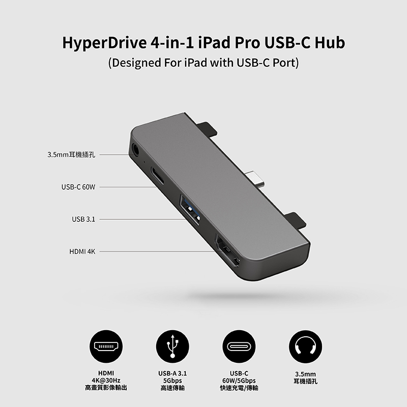 HyperDrive HyperDrive USB-C 4合1 iPad HUB, 太空灰