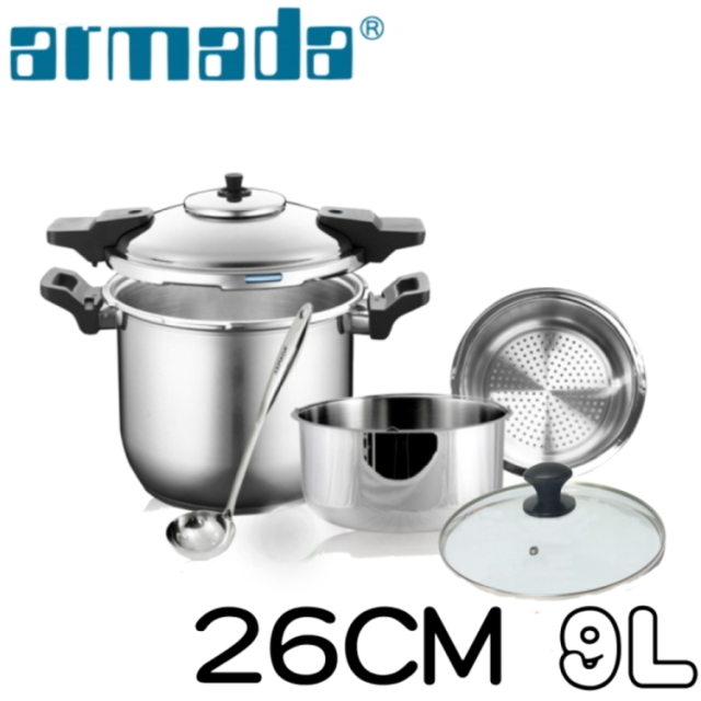 Armada 新快易壓力鍋9 0l 26cm不銹鋼雙層調理鍋 26cm玻璃蓋 不鏽鋼湯杓 Pchome 24h購物