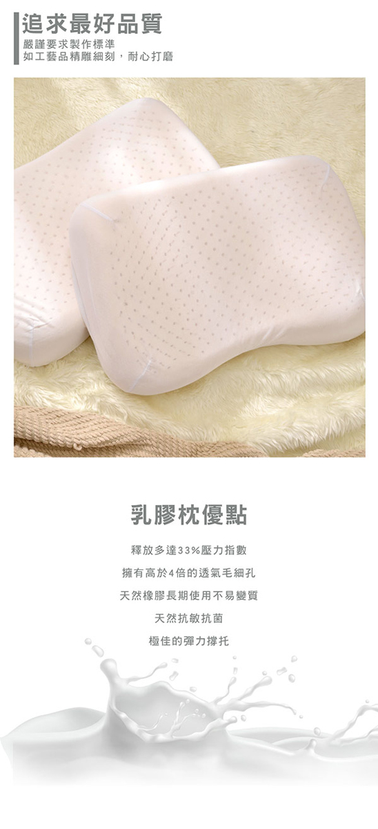 追求最好品質嚴謹要求製作標準如工藝品精雕細刻,耐心打磨乳膠枕優點釋放多達33%壓力指數擁有高於4倍的透氣毛細孔天然橡膠長期使用不易變質天然抗敏抗菌極佳的彈力托