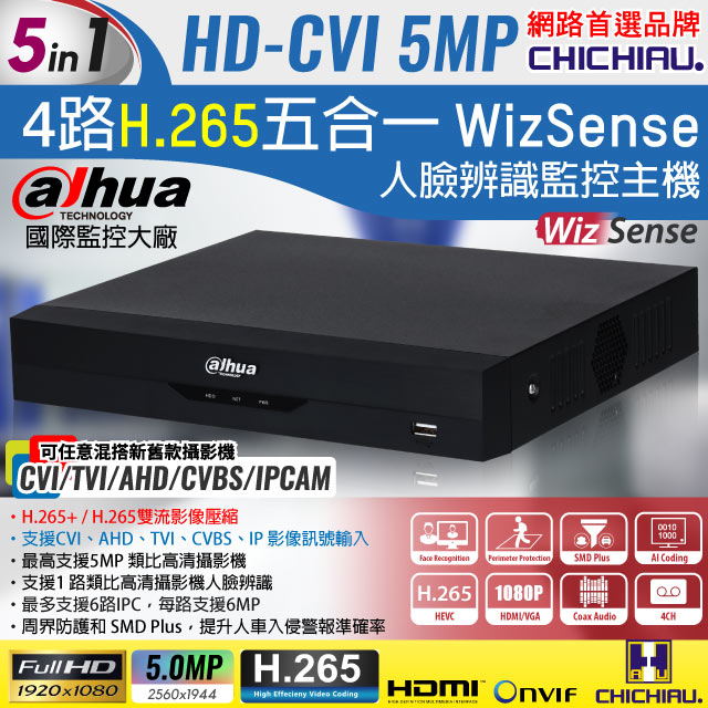 Chichiau Dahua大華h 265 5mp 4路cvi 1080p五合一數位高清遠端監控錄影主機 Dh Xvr5104hs I2 Pchome 24h購物