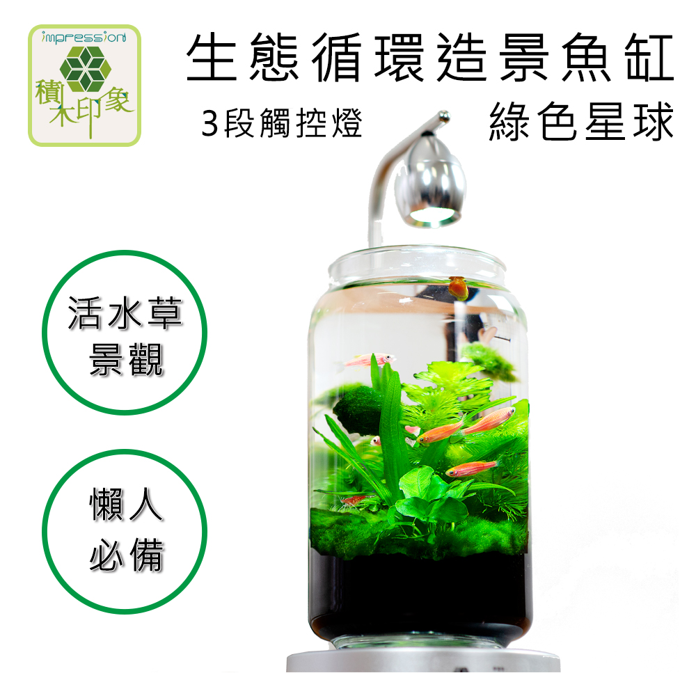 積木印象活水草生態紓壓懶人魚缸生態瓶造景系列 綠色星球 三段觸控燈款 Pchome 24h購物